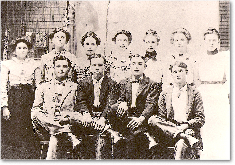 1900ca-ff Back-l-r TelithaJohnson,(Ada),(Ellen),xx,(RosaLee),xx,xx Front-l-r JimJohnson,xx,xx,xx copy