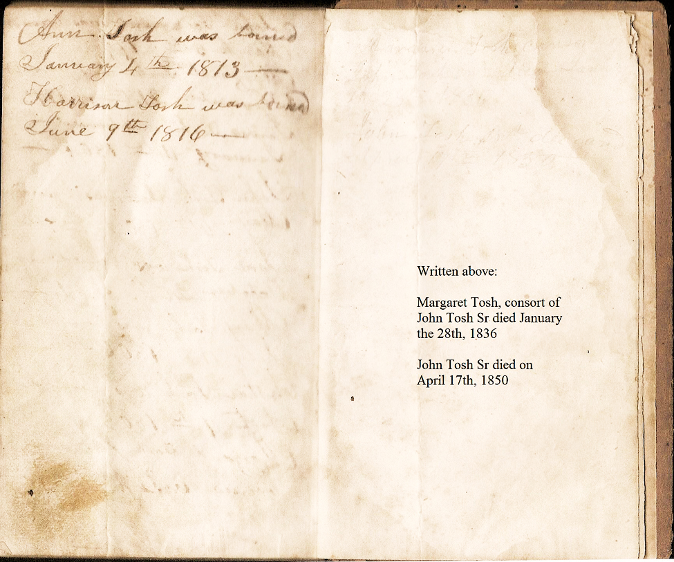 Tosh family Bible last pages (with transcription)